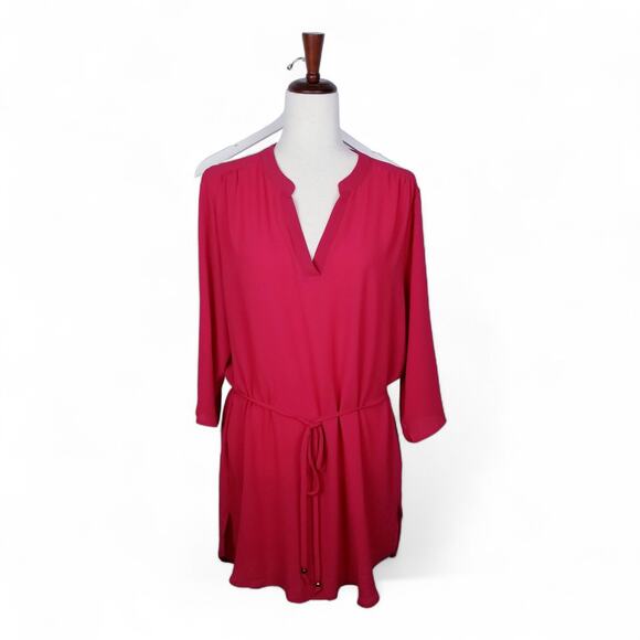 MERAKI Hi/Lo Sheath Dress Red Roll-Tab Sleeves Deep V-neck Belted - Size L - Picture 1 of 9